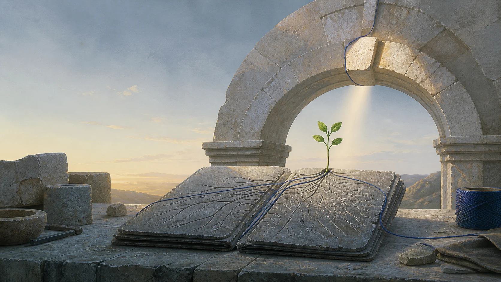 A seedling rises from a carved stone ledger beneath a limestone arch, joined by indigo threads.